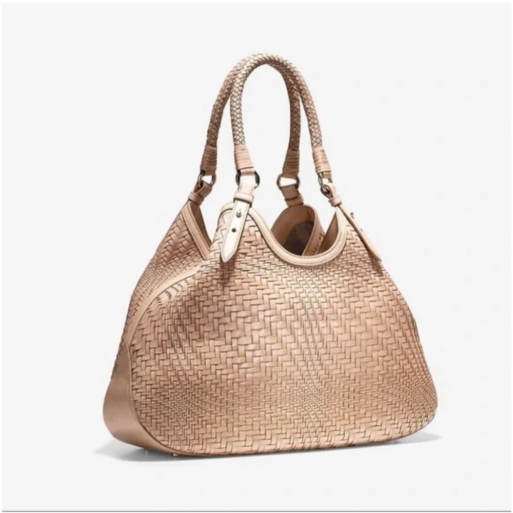 Cole Haan Woven Leather Satchel Bag tan color